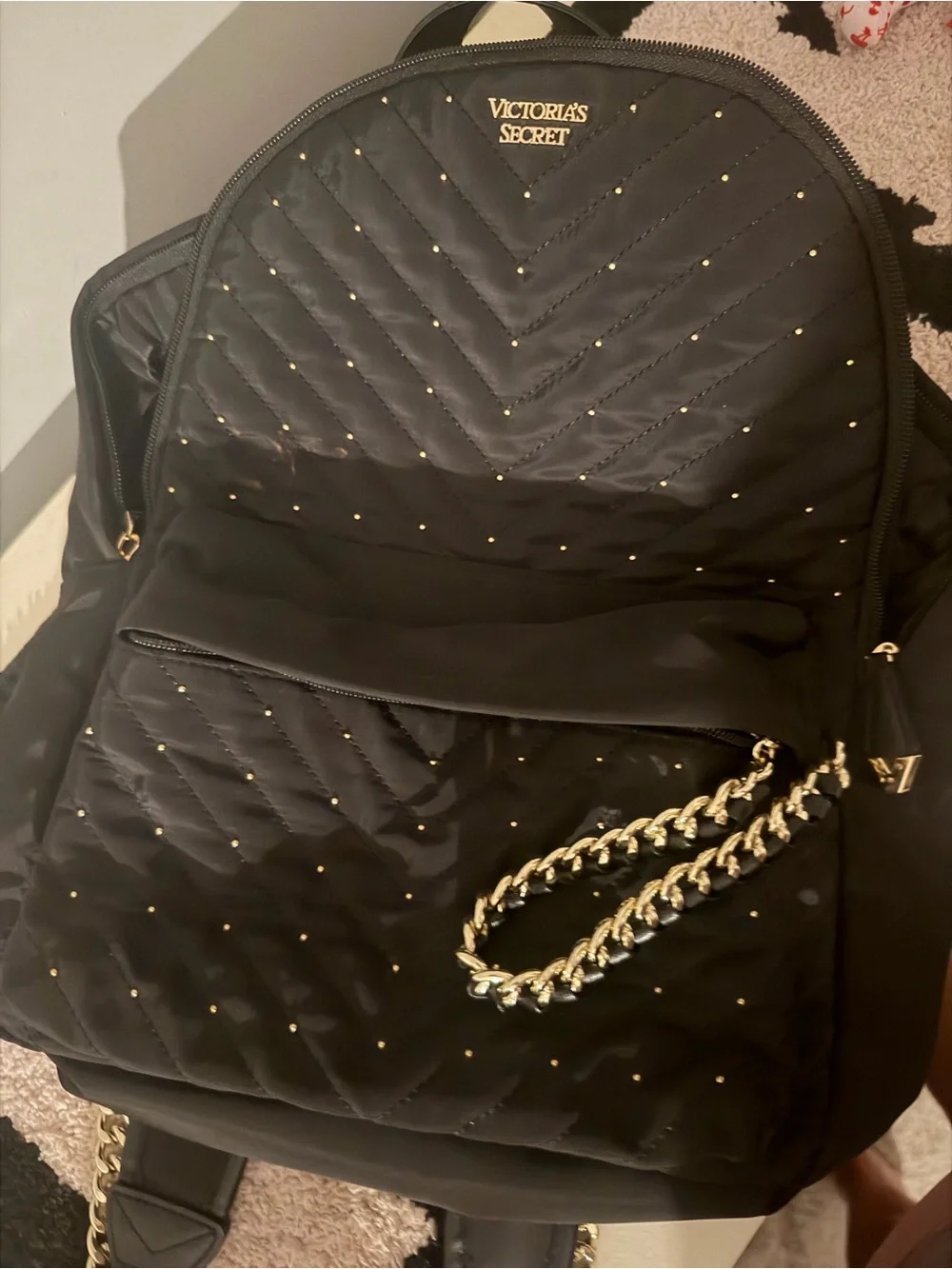 Victoria's Secret Black Quilted Backpack with Gold Accents